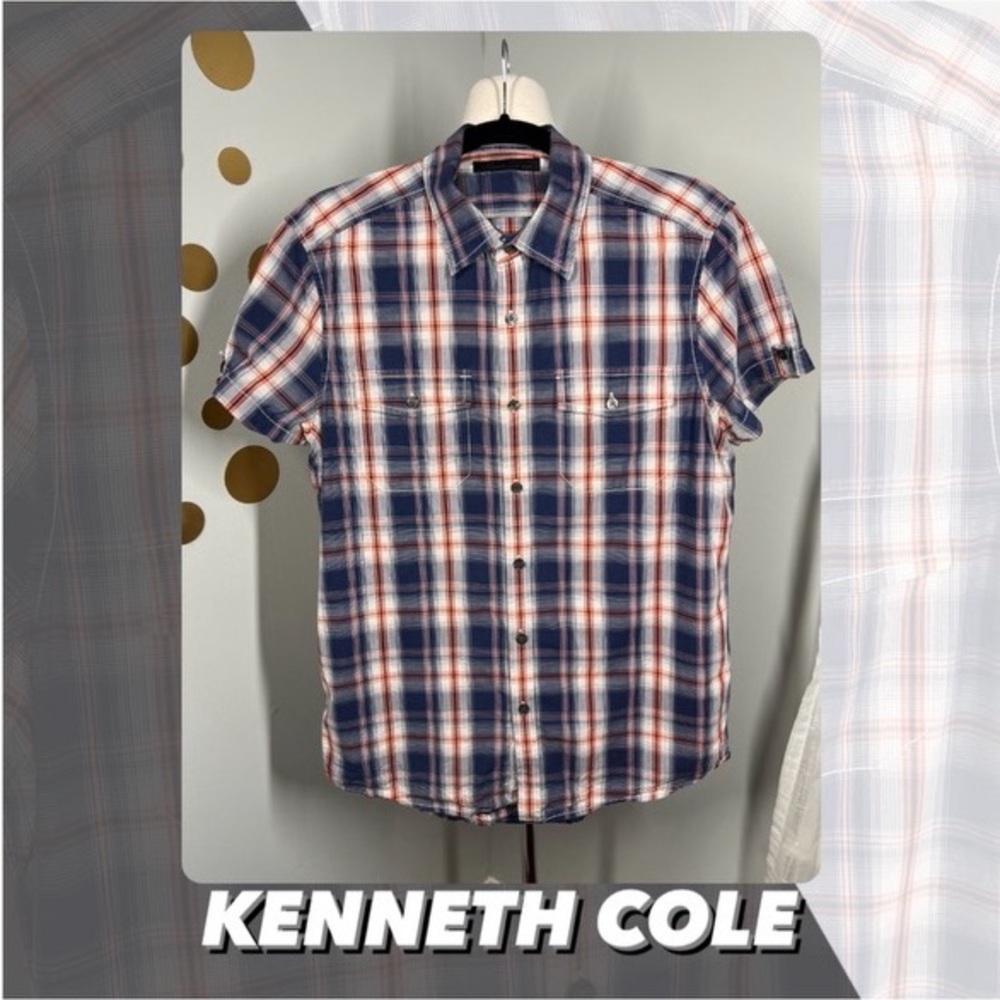 EUC Kenneth Cole New York Blue And Orange Plaid Button Down Shirt